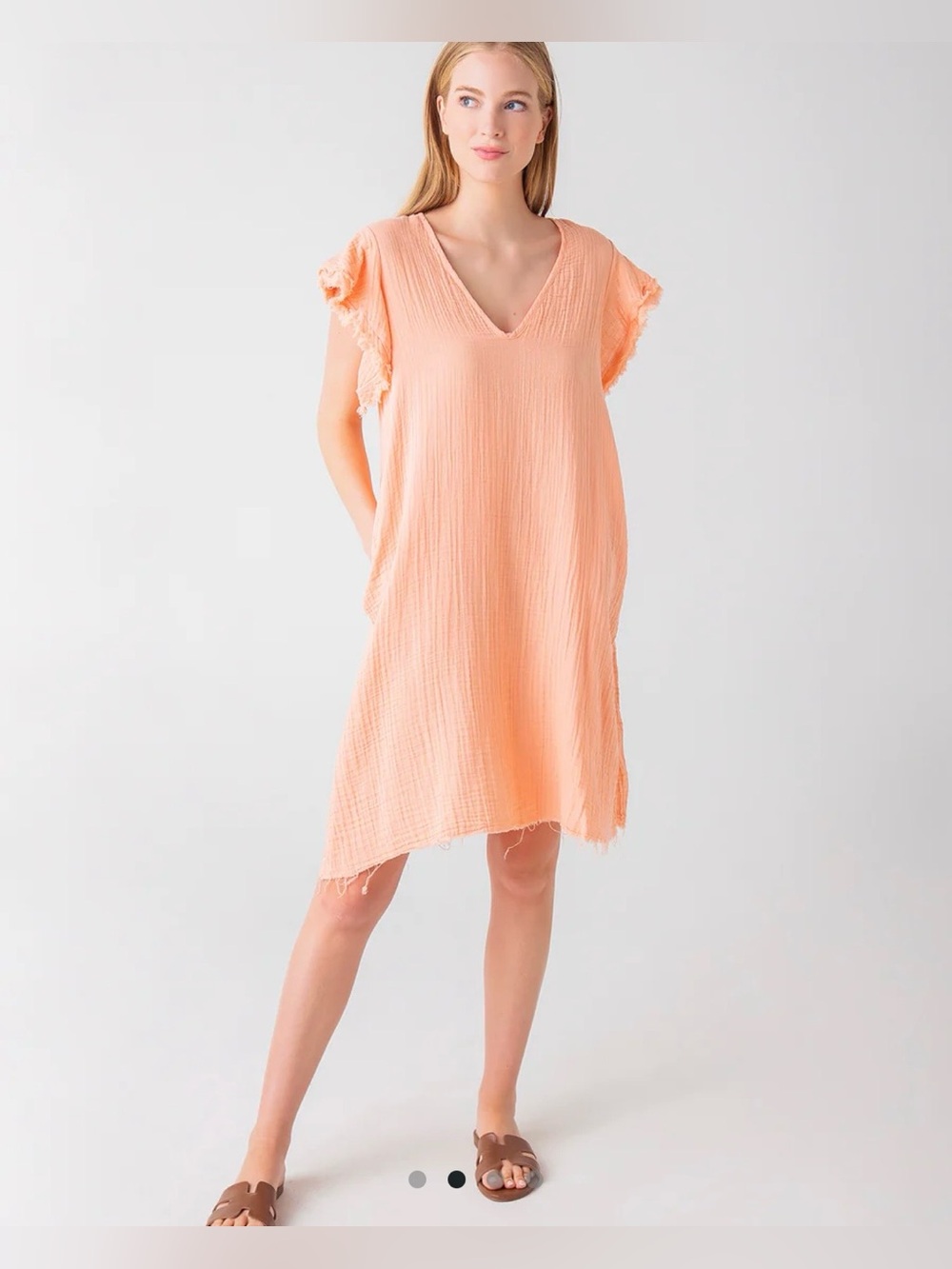Lightweight Coral V-Neck Midi Dress with Flutter Sleeves